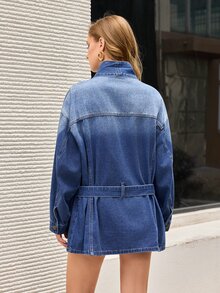 Selenza Women's Dropped Shoulder Long Sleeve Single-Breasted Casual Denim Jacket - Blue - View 3