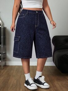 Jeanoix Loose Straight Leg Washed Blue Cargo Pants With Large Pockets Denim Jeans - Dark Wash - View 1