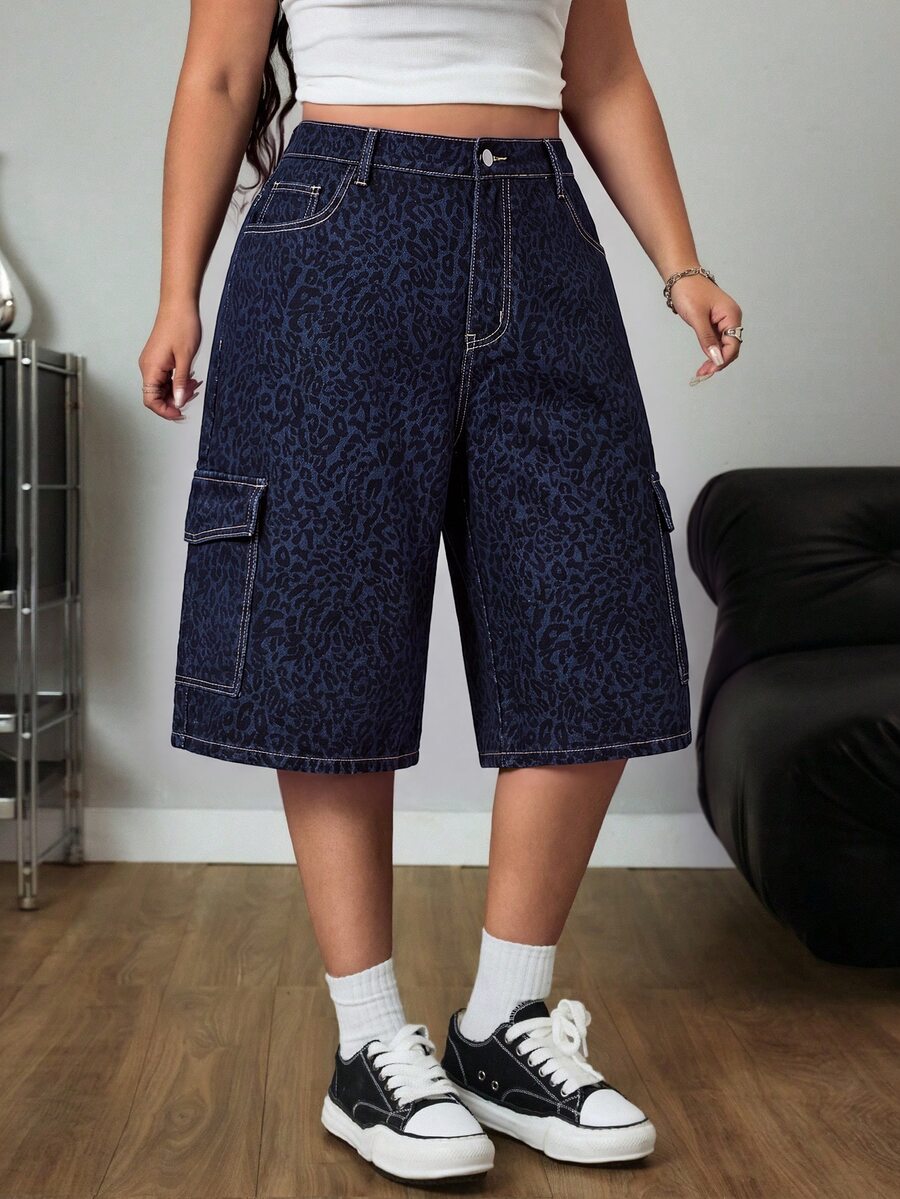 Jeanoix Loose Straight Leg Washed Blue Cargo Pants With Large Pockets Denim Jeans - Dark Wash - View 1