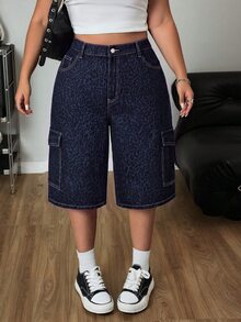 Jeanoix Loose Straight Leg Washed Blue Cargo Pants With Large Pockets Denim Jeans - Dark Wash - View 3