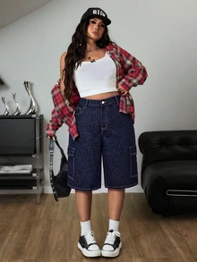 Jeanoix Loose Straight Leg Washed Blue Cargo Pants With Large Pockets Denim Jeans - Dark Wash - View 6