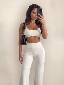 Sirith 2pcs Solid Color Halter Neck Sleeveless Tank Top & Wide Leg High Waist Long Pants Women's Sports Set - Beige - View 1