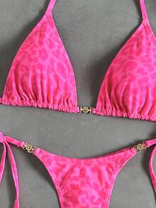 Swim Vcay Women's Tropical Leopard Print Sexy Two Pieces Bikini Set With Metal Accessories, Casual Holiday Wear - Multicolor - View 5