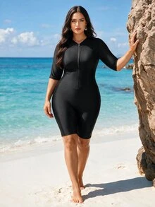 SHEIN Swim 大尺碼女款一件式純色保守街頭風簡約衝浪泳衣，黑色夏季海灘派對適用 - 黑色 - 查看 4