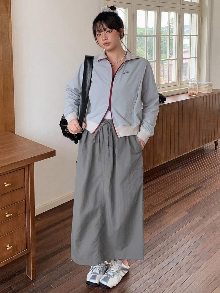Dazy Plus Solid Color Casual Streetwear Elastic Waist H-Line Straight Long Skirt, Versatile Fall/ Vacation Beach Grey - Dark Grey - View 1