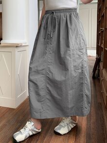 Dazy Plus Solid Color Casual Streetwear Elastic Waist H-Line Straight Long Skirt, Versatile Fall/ Vacation Beach Grey - Dark Grey - View 3
