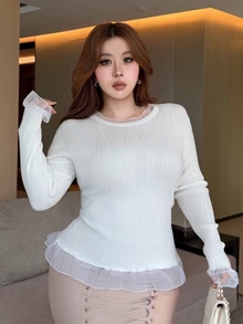 Dazy Plus Elegant L'amoure Round Neck Solid Color Long Sleeve Sweater Morning Date Night White Fall - White - View 1