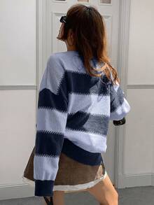DAZY Striped Loose Long Sleeve Crew Neck Women's Sweater Y2k Winter - Navy Blue - View 2