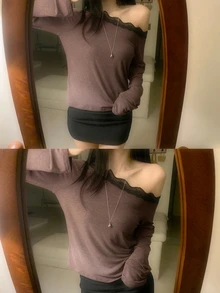 DAZY 女款對比色蕾絲飾邊寬鬆長袖不對稱肩休閒度假韓系街頭風春夏秋上衣 T-shirt - 棕色 - 查看 5