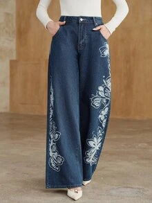 Anewsta Women's Floral Pattern Pocket Wide Leg Loose Rhinestone Denim Jeans - Blue - View 3