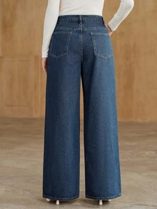 Anewsta Women's Floral Pattern Pocket Wide Leg Loose Rhinestone Denim Jeans - Blue - View 2
