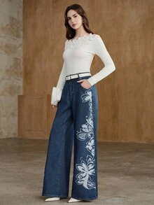 Anewsta Women's Floral Pattern Pocket Wide Leg Loose Rhinestone Denim Jeans - Blue - View 5