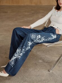 Anewsta Women's Floral Pattern Pocket Wide Leg Loose Rhinestone Denim Jeans - Blue - View 8
