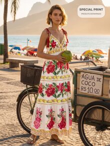 CAJUNI Tropical Vacation Cute Romantic Boho Flowers Long Dress With Tassel Straps - Multicolor - View 4
