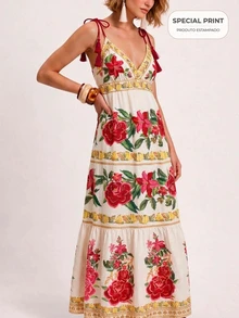 CAJUNI Tropical Vacation Cute Romantic Boho Flowers Long Dress With Tassel Straps - Multicolor - View 3