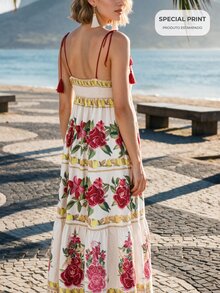 CAJUNI Tropical Vacation Cute Romantic Boho Flowers Long Dress With Tassel Straps - Multicolor - View 2