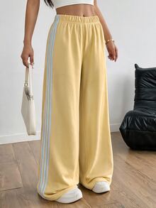 SHEIN PETITE Women's Yellow Knitted Casual Side Stripe Sweatpants Lounge Fall - Pale Yellow - View 8