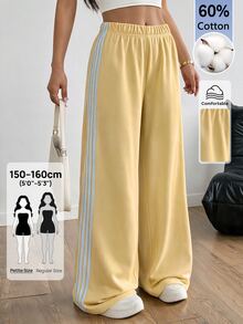 SHEIN PETITE Women's Yellow Knitted Casual Side Stripe Sweatpants Lounge Fall - Pale Yellow - View 1
