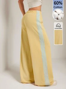 SHEIN PETITE Women's Yellow Knitted Casual Side Stripe Sweatpants Lounge Fall - Pale Yellow - View 2