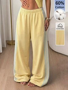 SHEIN PETITE Women's Yellow Knitted Casual Side Stripe Sweatpants Lounge Fall - Pale Yellow - View 5