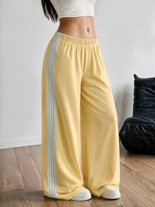SHEIN PETITE Women's Yellow Knitted Casual Side Stripe Sweatpants Lounge Fall - Pale Yellow - View 3