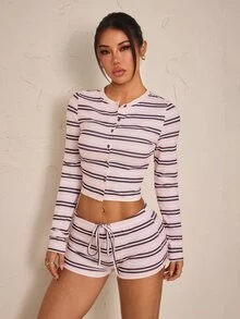 SHEIN PETITE Bộ 2 món áo tay dài kẻ sọc và quần short nữ phong cách thường ngày thoải mái - Nhiều màu - Xem 7