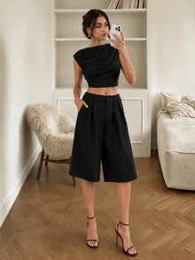 SHEIN Tall 時尚休閒俐落百搭通勤外穿上班辦公商務純色寬腿西裝褲 教師節黑色秋季 - 黑色 - 查看 2