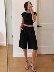 SHEIN Tall 時尚休閒俐落百搭通勤外穿上班辦公商務純色寬腿西裝褲 教師節黑色秋季 - 黑色 - 查看 1