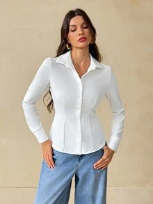 SHEIN Tall Women's Solid Color Casual All-Match Versatile Daily Wear Shirt Office Business White Fall,Tall Women - White - View 6