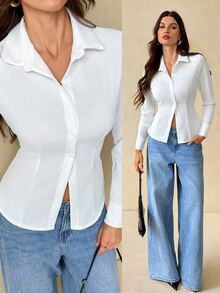 SHEIN Tall Women's Solid Color Casual All-Match Versatile Daily Wear Shirt Office Business White Fall,Tall Women - White - View 10