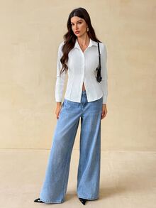 SHEIN Tall Women's Solid Color Casual All-Match Versatile Daily Wear Shirt Office Business White Fall,Tall Women - White - View 8