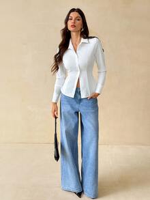 SHEIN Tall Women's Solid Color Casual All-Match Versatile Daily Wear Shirt Office Business White Fall,Tall Women - White - View 3