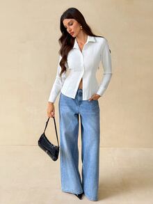 SHEIN Tall Women's Solid Color Casual All-Match Versatile Daily Wear Shirt Office Business White Fall,Tall Women - White - View 5