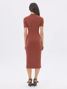 KÆRIA Hus Fitted High-Neck Midi Dress - Sculpted Model Jersey - Rust - Bodycon, Workwear, Column Dress - Red - View 2