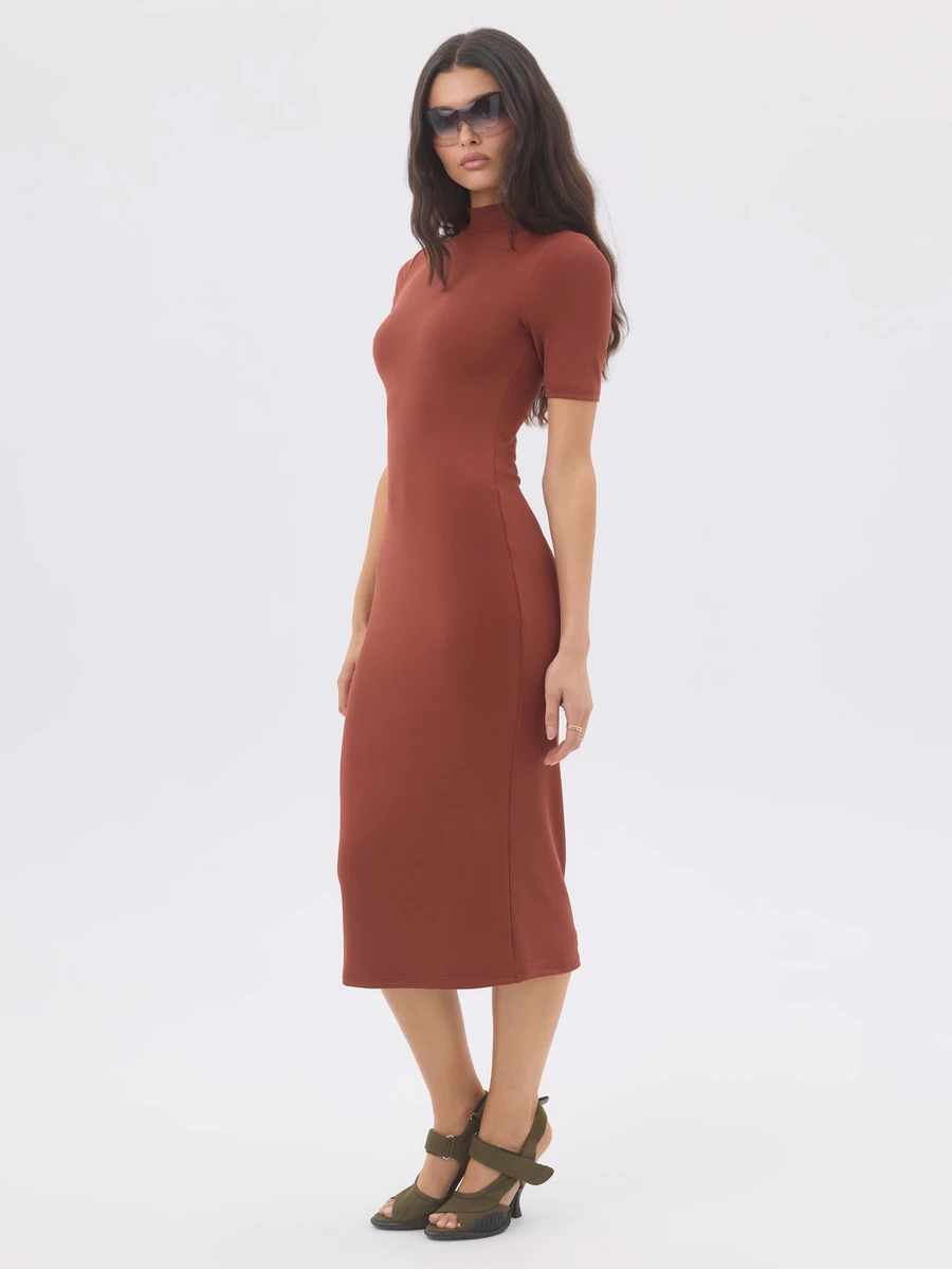 KÆRIA Hus Fitted High-Neck Midi Dress - Sculpted Model Jersey - Rust - Bodycon, Workwear, Column Dress - Red - View 1