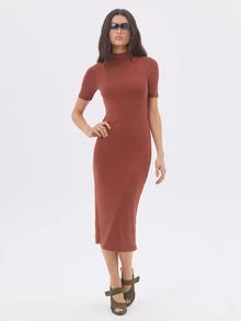KÆRIA Hus Fitted High-Neck Midi Dress - Sculpted Model Jersey - Rust - Bodycon, Workwear, Column Dress - Red - View 3