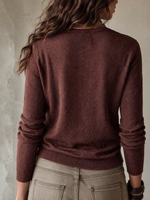 Breezaya V-Neck Patchwork Lace Knit Sweater For Daily, Vacation, Casual, Commute And Date Wear - Coffee Brown - View 3