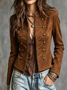 LUMIGAL Women's Solid Color Long Sleeve Zip-Up Napoleon Jacket - Brown - View 4