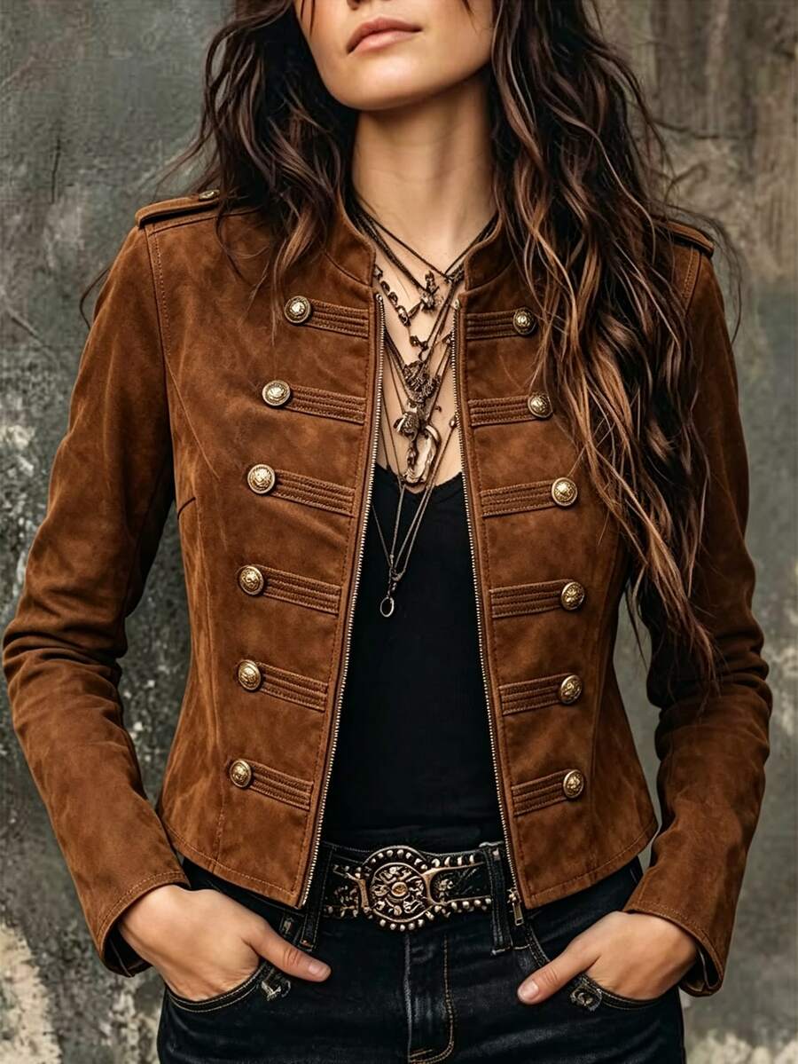LUMIGAL Women's Solid Color Long Sleeve Zip-Up Napoleon Jacket - Brown - View 1