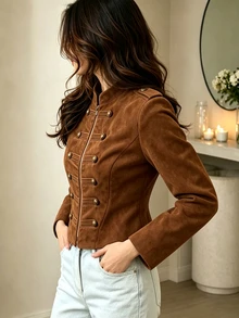 LUMIGAL Women's Solid Color Long Sleeve Zip-Up Napoleon Jacket - Brown - View 6