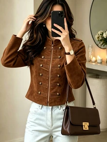 LUMIGAL Women's Solid Color Long Sleeve Zip-Up Napoleon Jacket - Brown - View 5