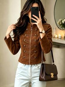 LUMIGAL Women's Solid Color Long Sleeve Zip-Up Napoleon Jacket - Brown - View 8