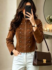 LUMIGAL Women's Solid Color Long Sleeve Zip-Up Napoleon Jacket - Brown - View 3