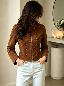 LUMIGAL Women's Solid Color Long Sleeve Zip-Up Napoleon Jacket - Brown - View 7