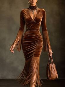 LUMIGAL Women's Choker V-Neck Tassel Cuff Pleated Fitted Elegant Midi Dress - Brown - View 4