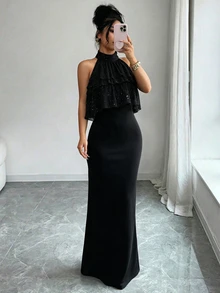 Selianne 女款春秋 1件裝 掛脖無袖亮片撞色高腰緊身魚尾洋裝 成熟風 約會通勤派對洋裝 - 黑色 - 查看 4