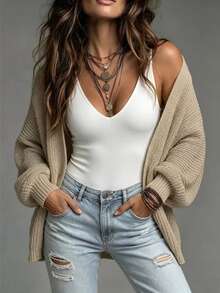 SHEIN LUNE Plus Size Women's Solid Color Casual Versatile Daily Wear Cardigan - Khaki - View 4