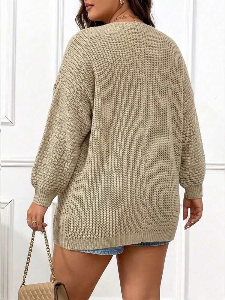 SHEIN LUNE 大尺碼女款素色休閒百搭日常開襟衫 - 卡其色 - 查看 6
