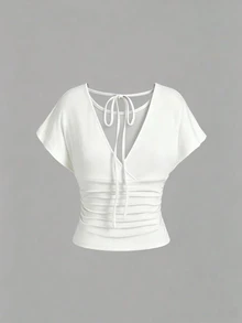 Dekonique Dekonique Women's Versatile Ruched Slim Fit Round Neck Top For Daily Wear And Vacation - Multicolor - View 2