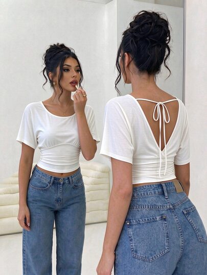 Dekonique Dekonique Women's Versatile Ruched Slim Fit Round Neck Top For Daily Wear And Vacation